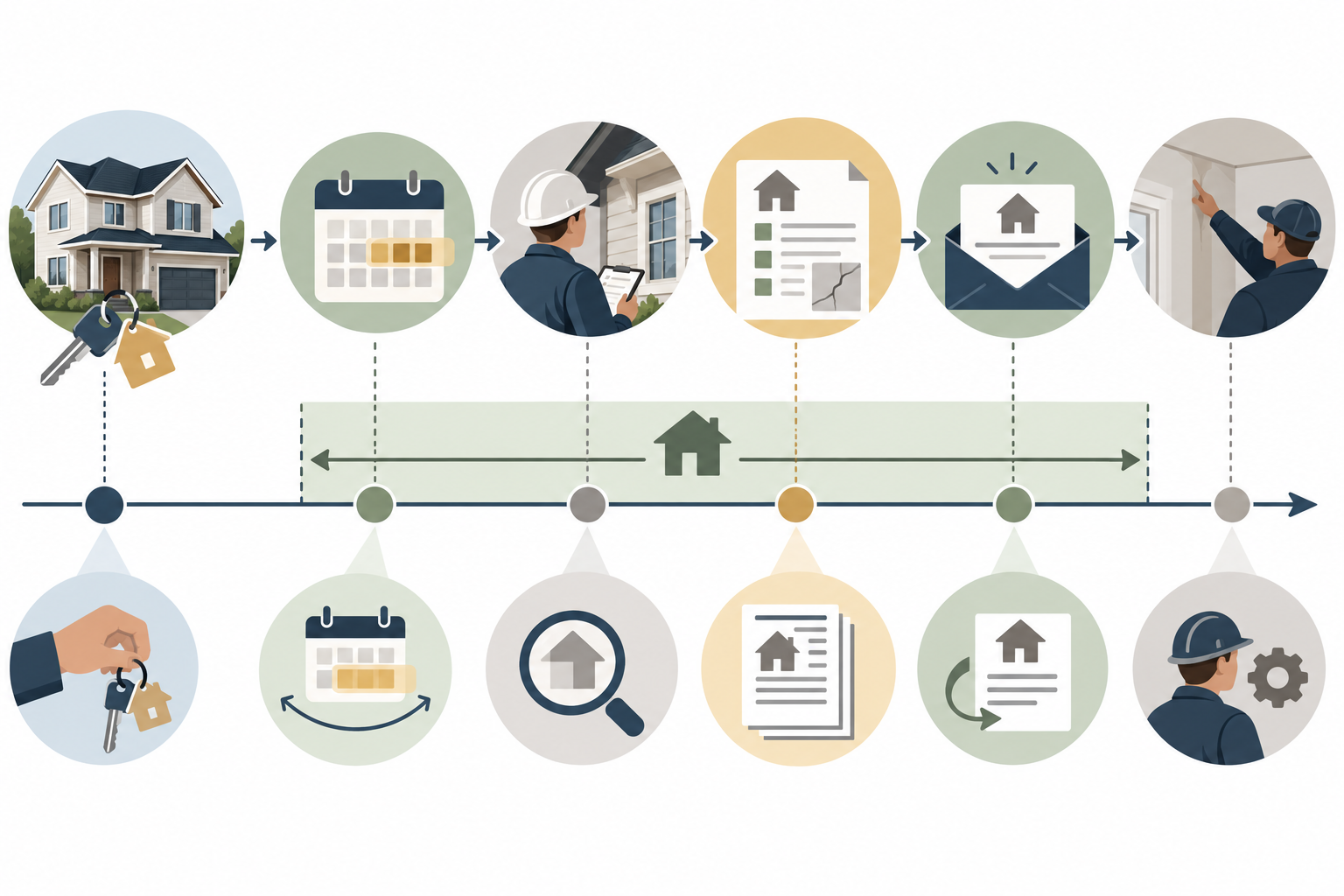 A warranty review sequence works backward from the applicable program deadline to schedule inspection, report, notice, and possible specialist follow-up.