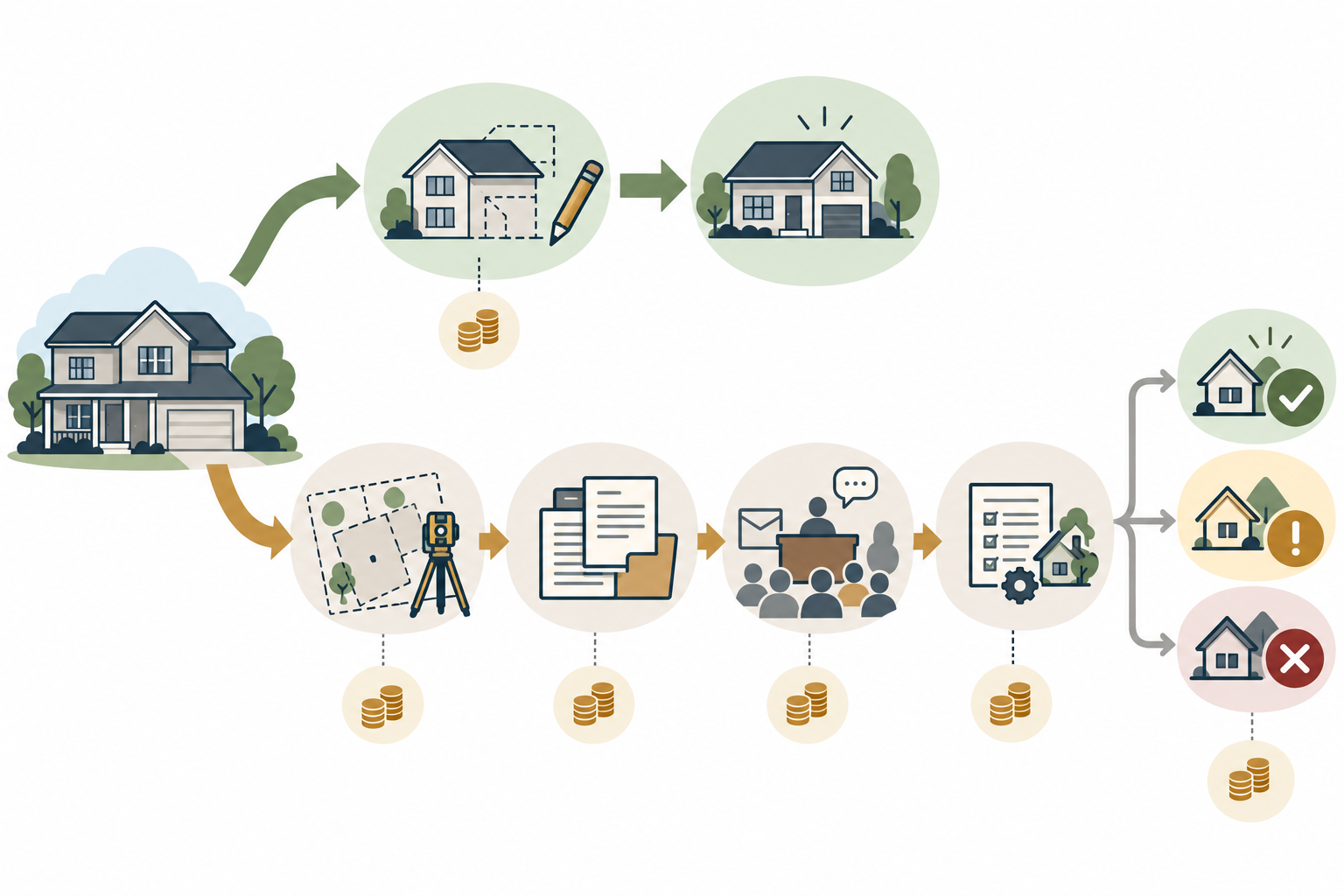 A project can be redesigned to fit existing rules or proceed through a discretionary application with evidence, review, possible conditions, and an uncertain decision.