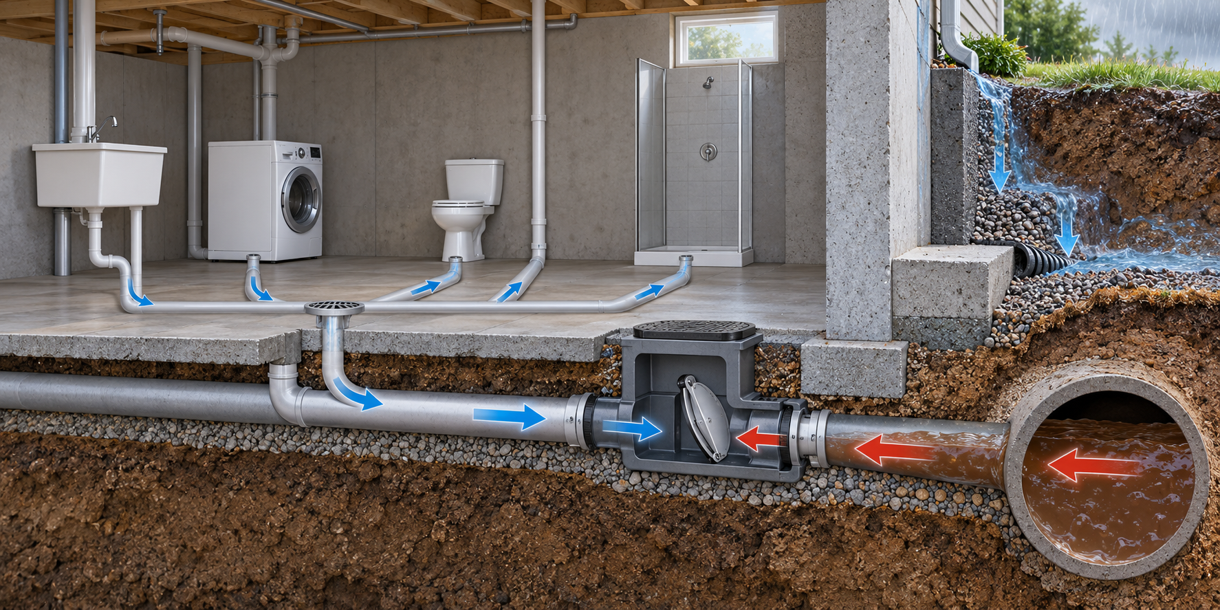 A backwater valve on a basement sewer branch limits reverse flow while a separate exterior foundation-water path remains.