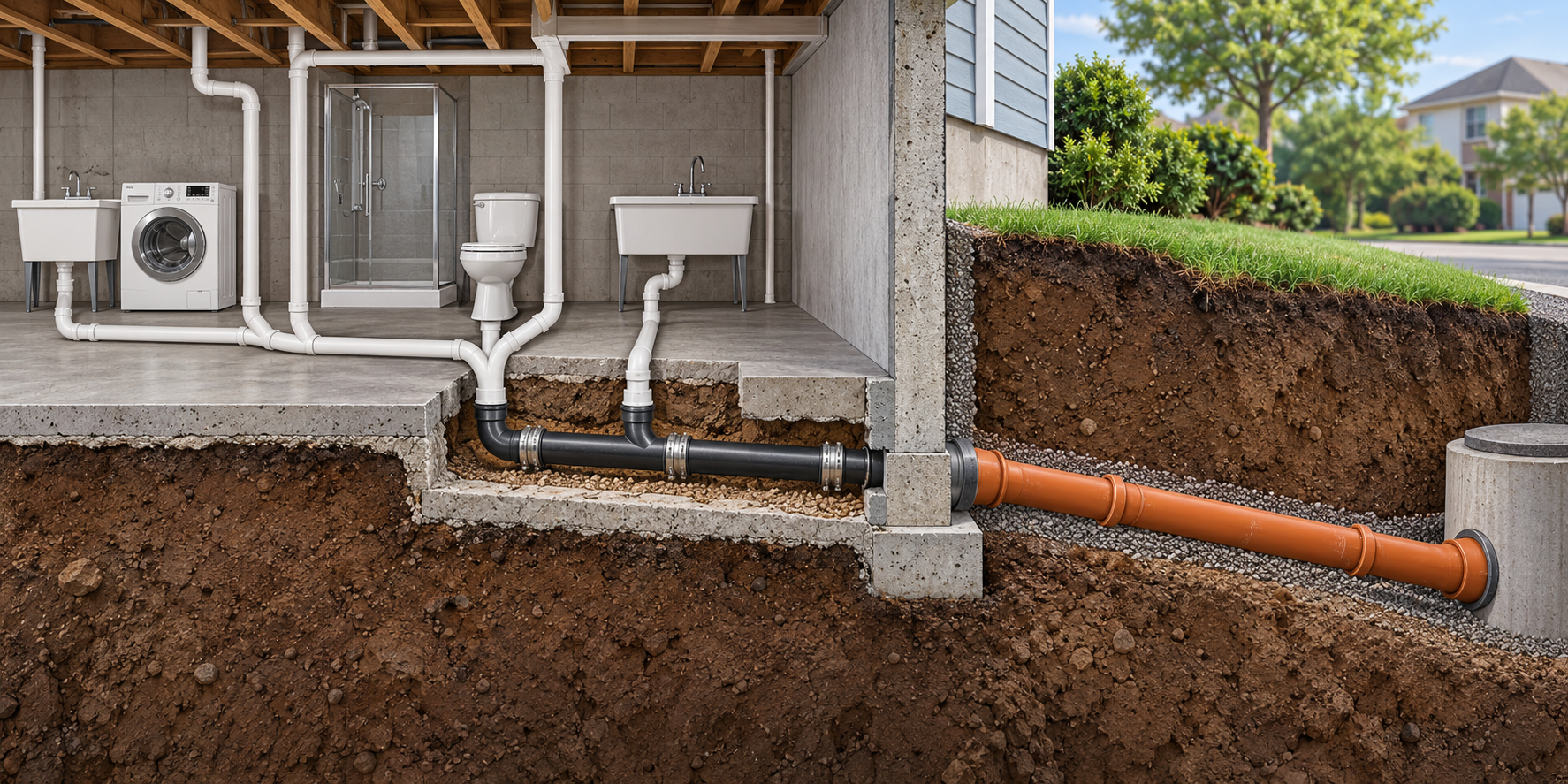 House plumbing joining the interior building drain beneath the slab to the separate exterior sewer lateral.