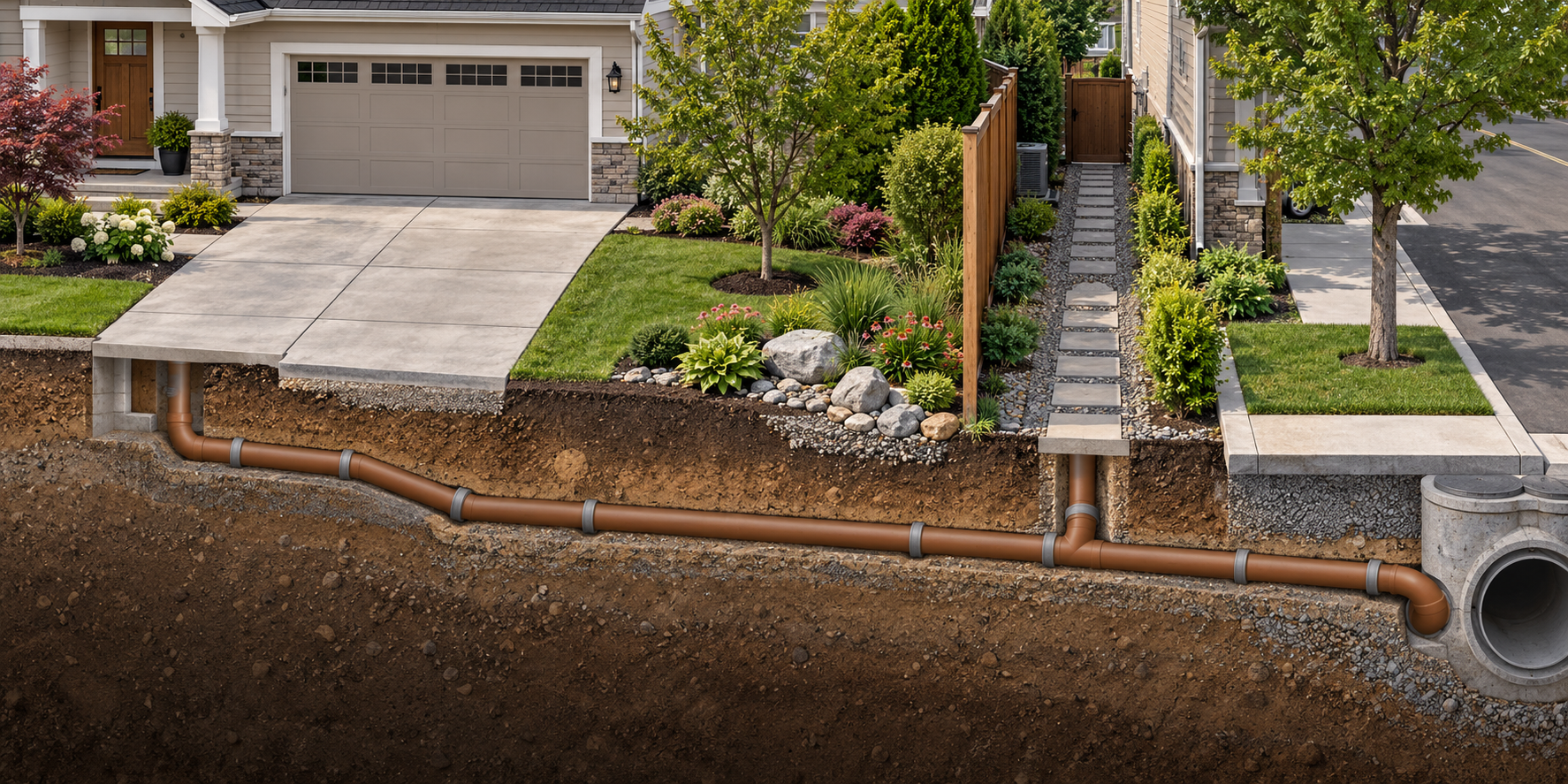 Sewer route passing beneath a driveway and landscaped yard through a narrow side passage toward the public street.