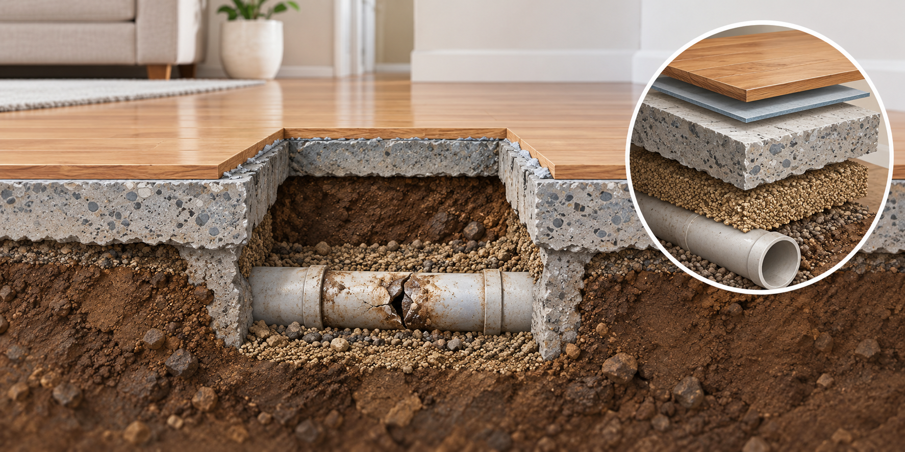 Cutaway of a damaged drain beneath a concrete slab, showing the pipe access opening and the floor, slab, and bedding layers that require restoration.