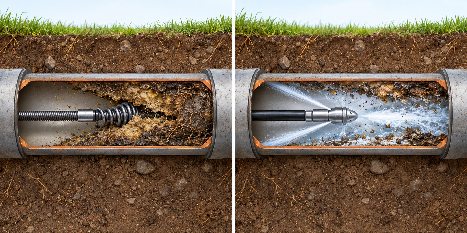 Cutaway comparison of a drain snake opening a path through a localized clog and hydro jetting cleaning buildup along a longer pipe section.