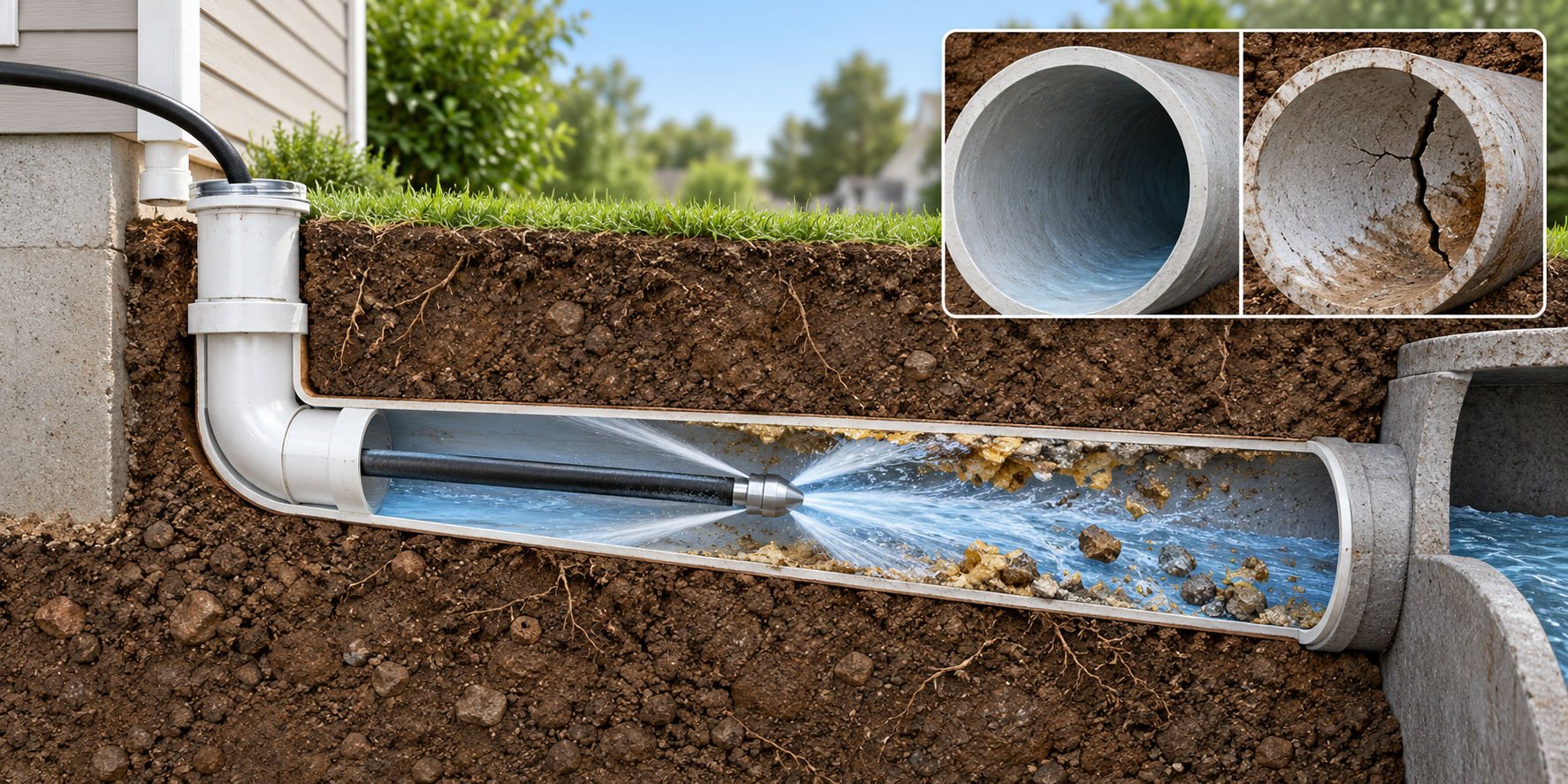 Cutaway of professional hydro jetting through a sewer cleanout, with examples of an intact pipe and a cracked pipe.