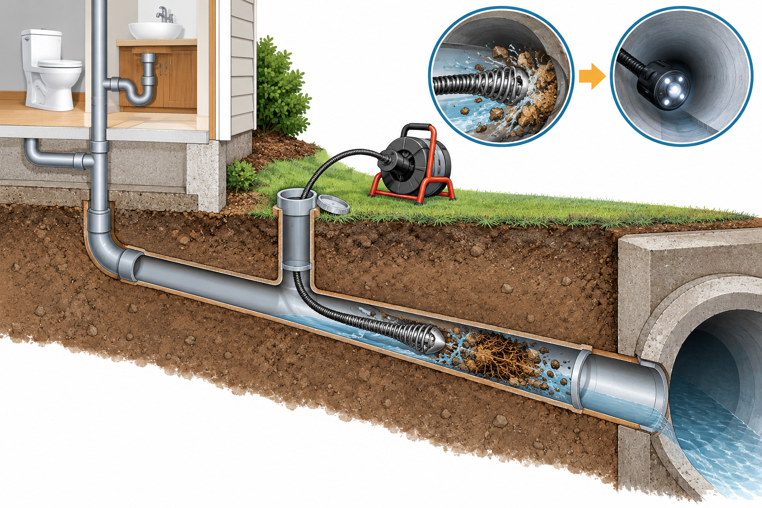 Cutaway view of a home sewer lateral being cleared through a cleanout, with a camera inspection shown as a separate follow-up step.
