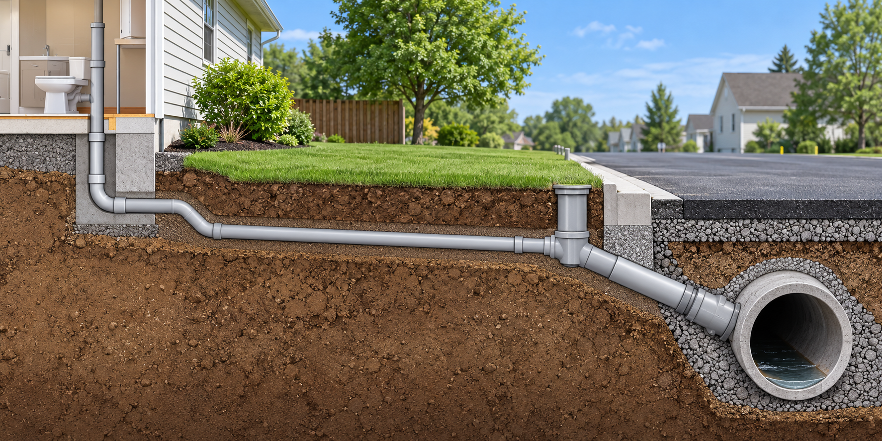 Home sewer lateral running across a yard to its separate connection at the municipal sewer main beneath the street.