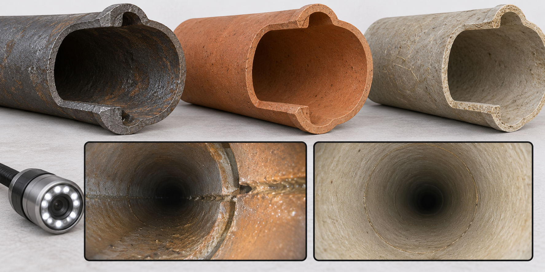Examples of legacy sewer pipe materials beside camera views that distinguish a pipe material from an observed joint condition.
