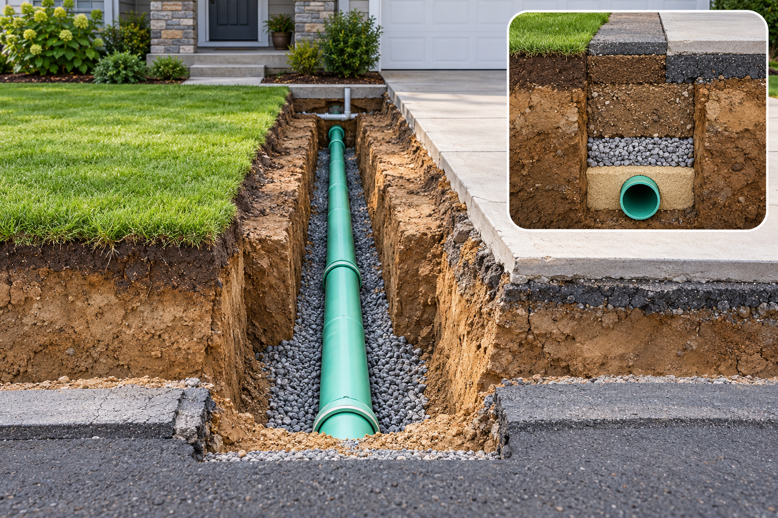 Open trench exposing a new sewer pipe beneath a lawn and driveway, with an inset showing bedding, backfill, and surface layers.