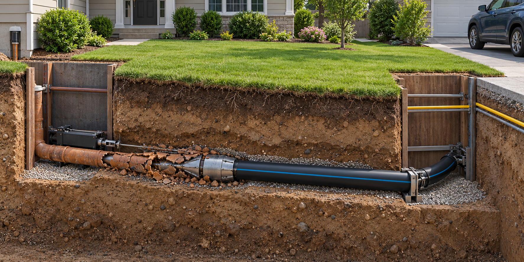 A replacement pipe pulled along an existing sewer route between two excavated access pits.