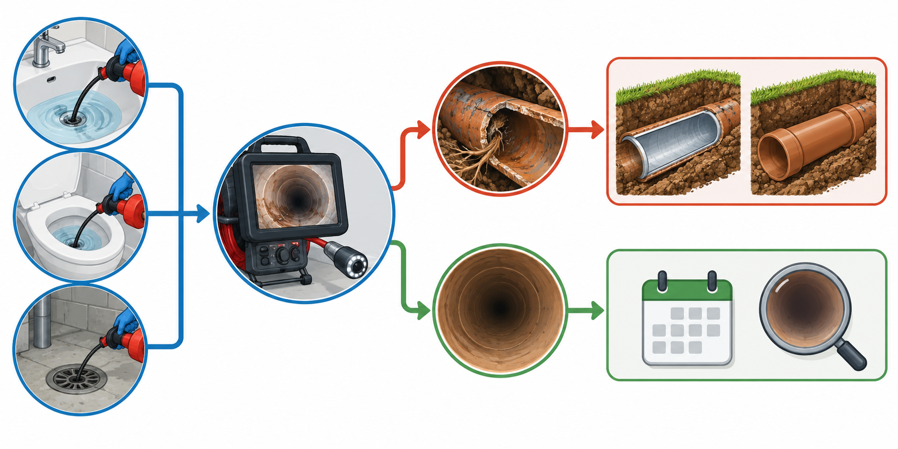 Decision path from recurring clearing to sewer camera inspection and then repair comparison when evidence identifies a defect.