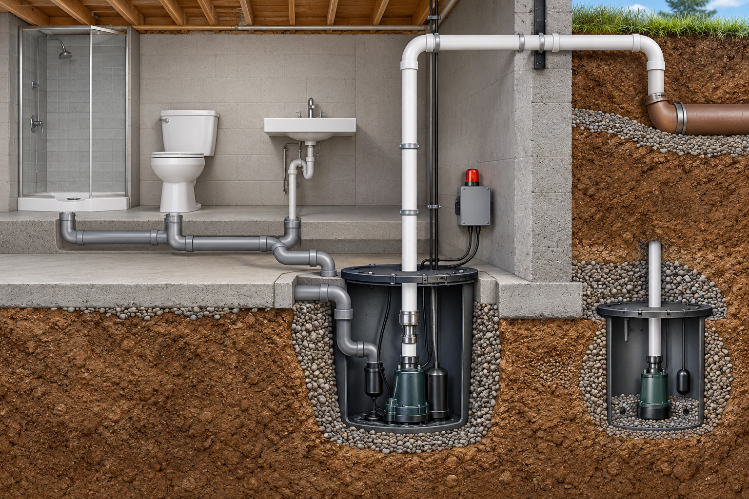 A basement ejector basin pumps fixture wastewater upward while a separate sump pit collects groundwater.