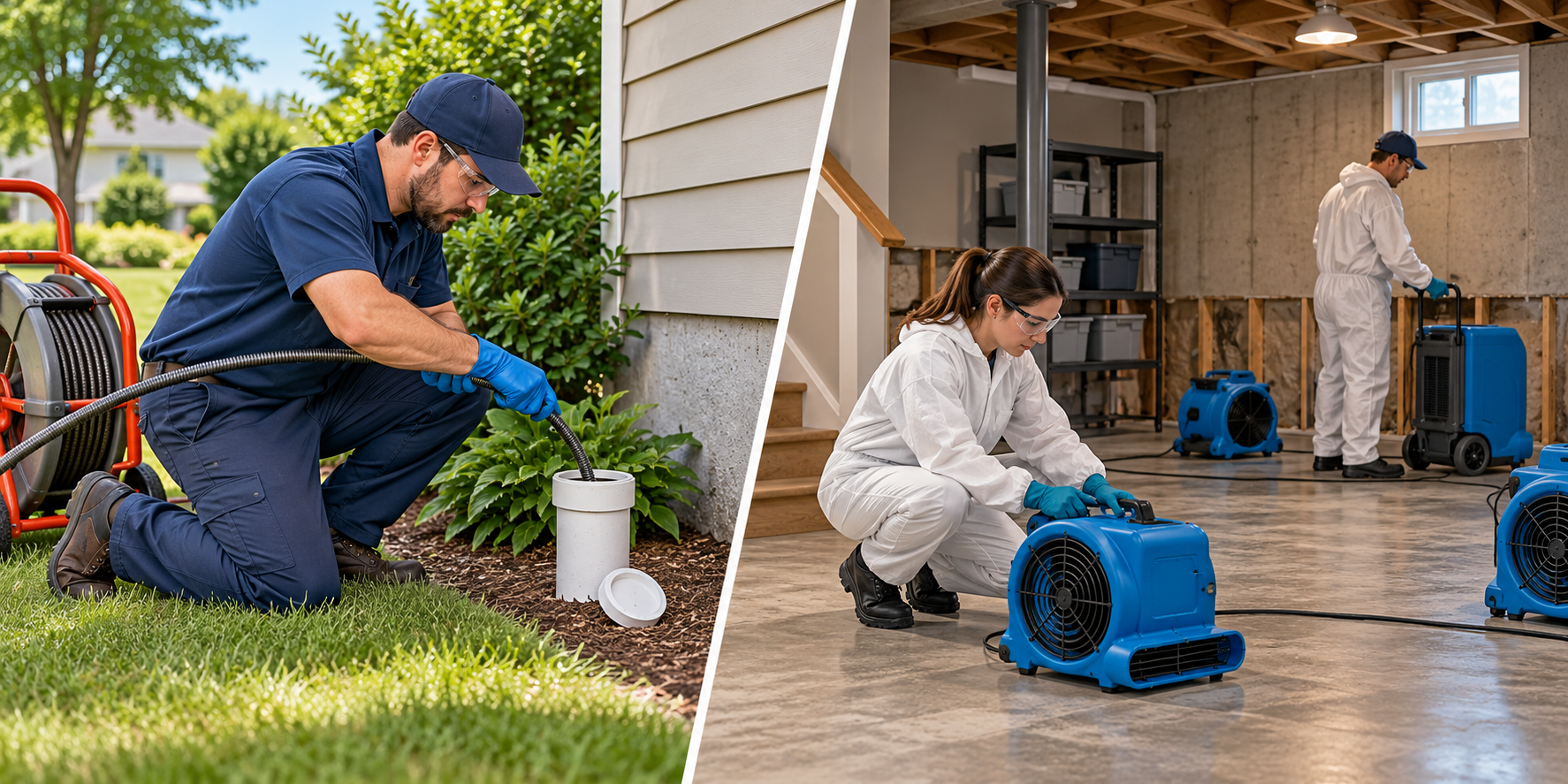 Two separate professional stages after a sewer backup: restoring flow at an exterior cleanout and later drying an affected basement.