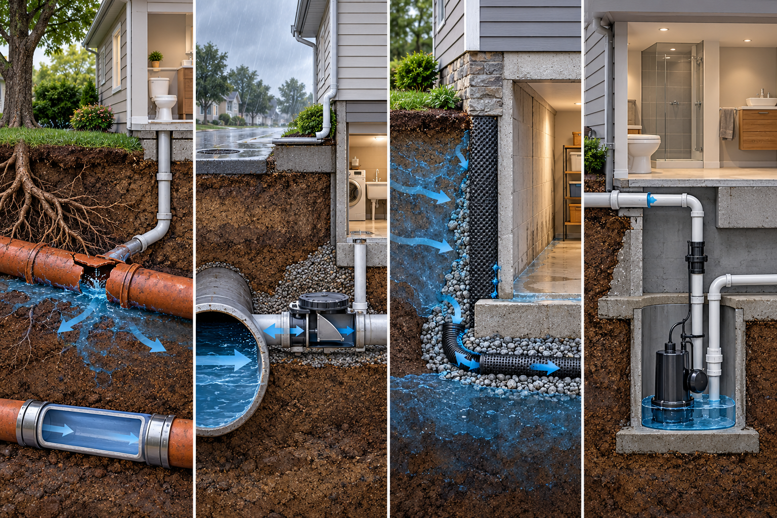 Four distinct backup pathways and responses: private lateral defect, sewer backflow, foundation water, and below-grade wastewater pumping.