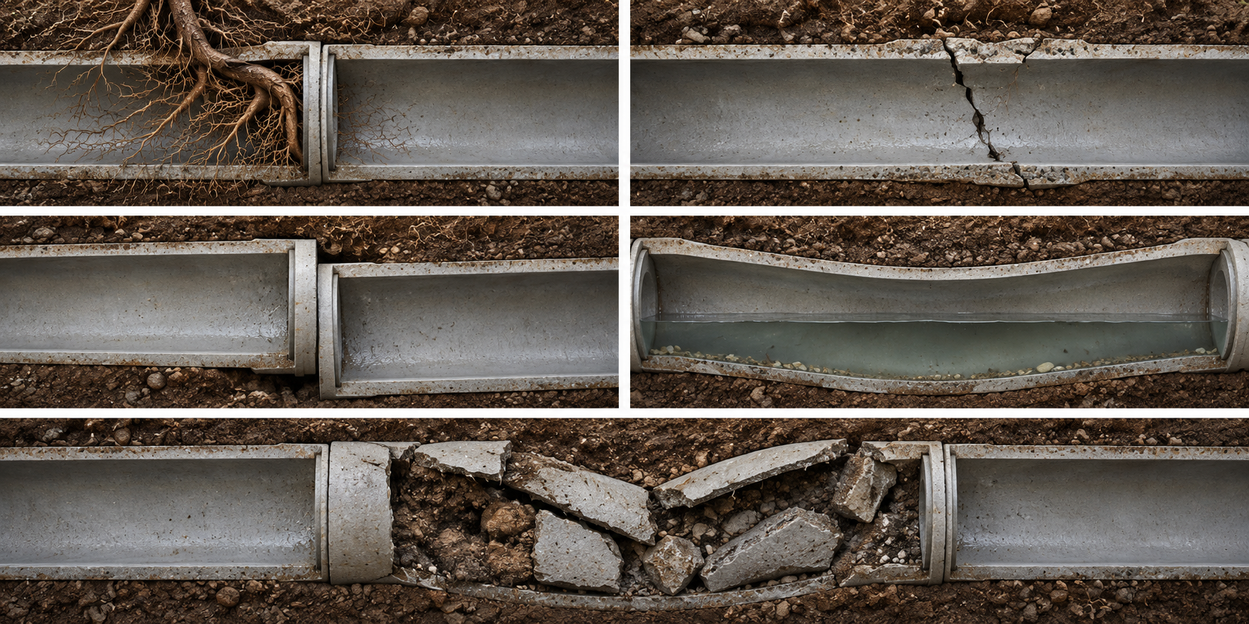 Cutaway examples of roots at a joint, a pipe crack, an offset joint, standing water in a sag, and a collapsed section.