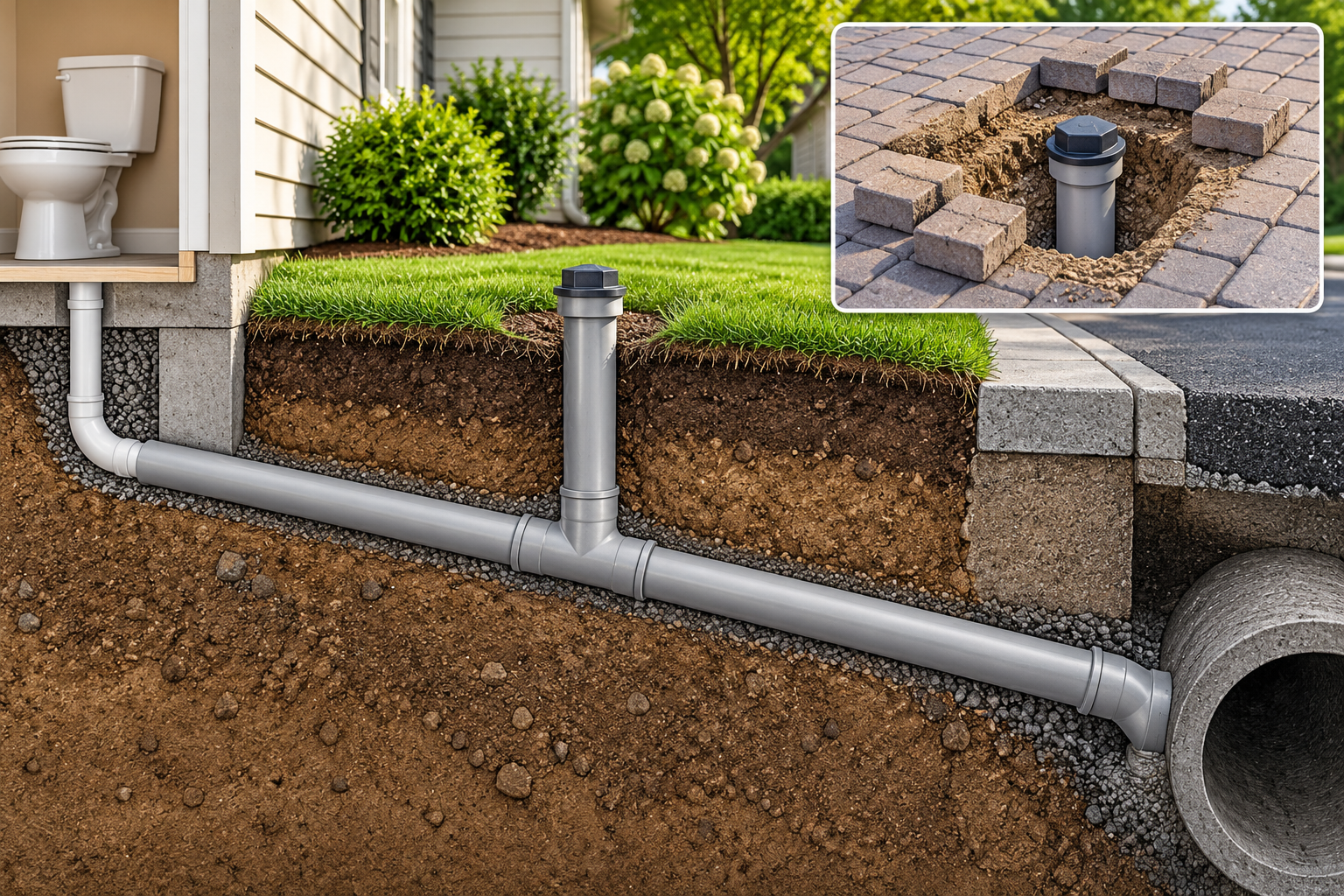 Cutaway of an accessible sewer cleanout riser, with paving opened around a buried access point in the inset.