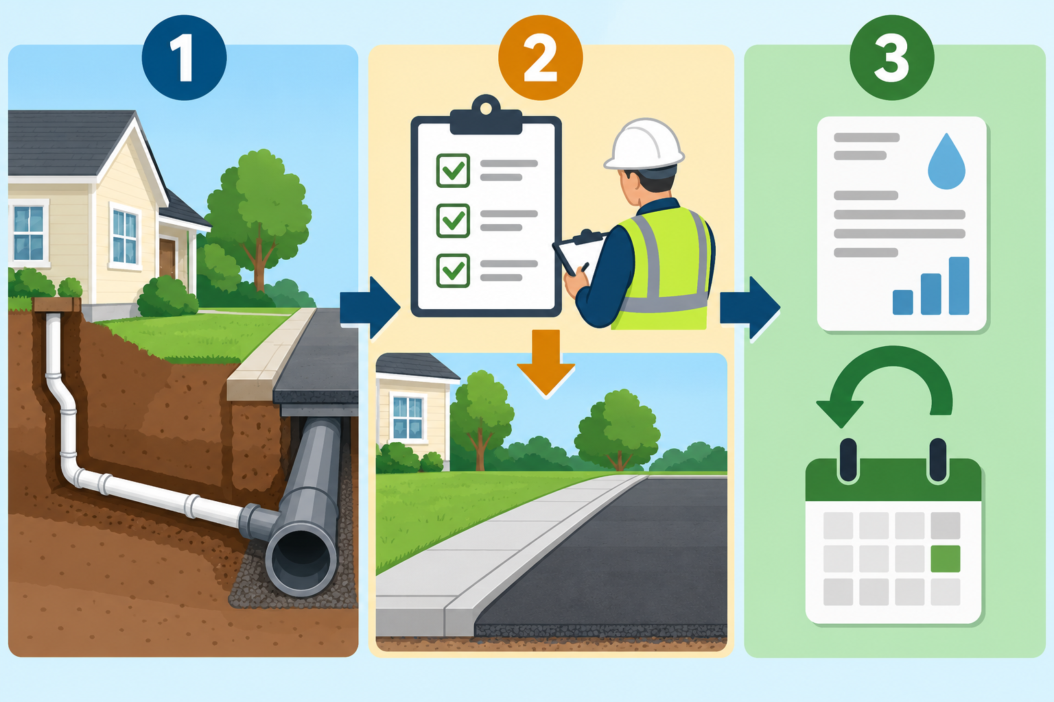 Municipal sewer project with separate construction, permit and inspection, and ongoing capacity-charge stages.