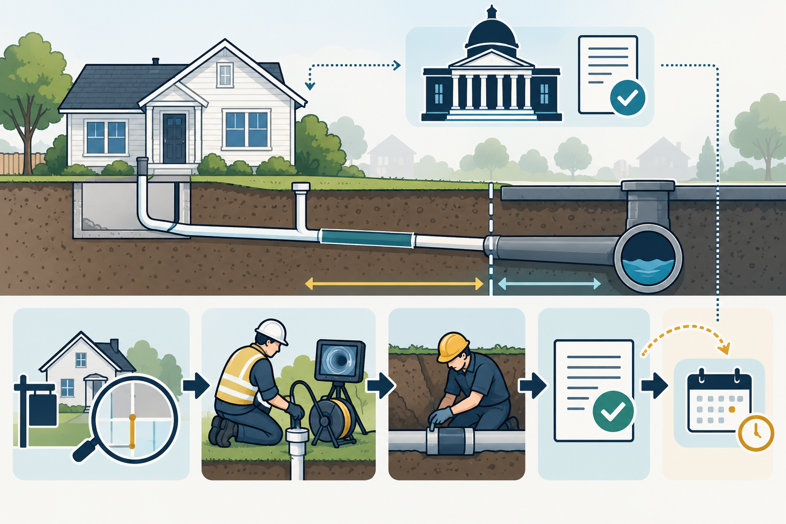 Diagram showing parcel eligibility, sewer inspection and testing, any needed repair, and an authority-accepted compliance record before closing.