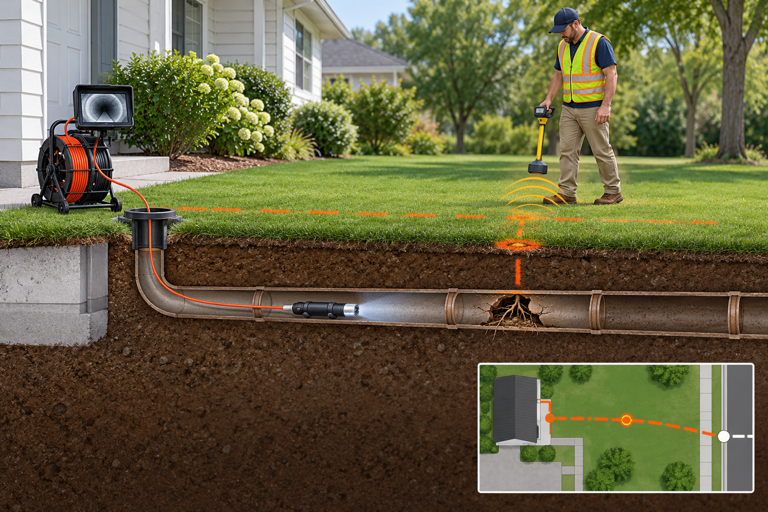 A sewer camera follows a private line while a locator marks the route and a camera finding on the surface.