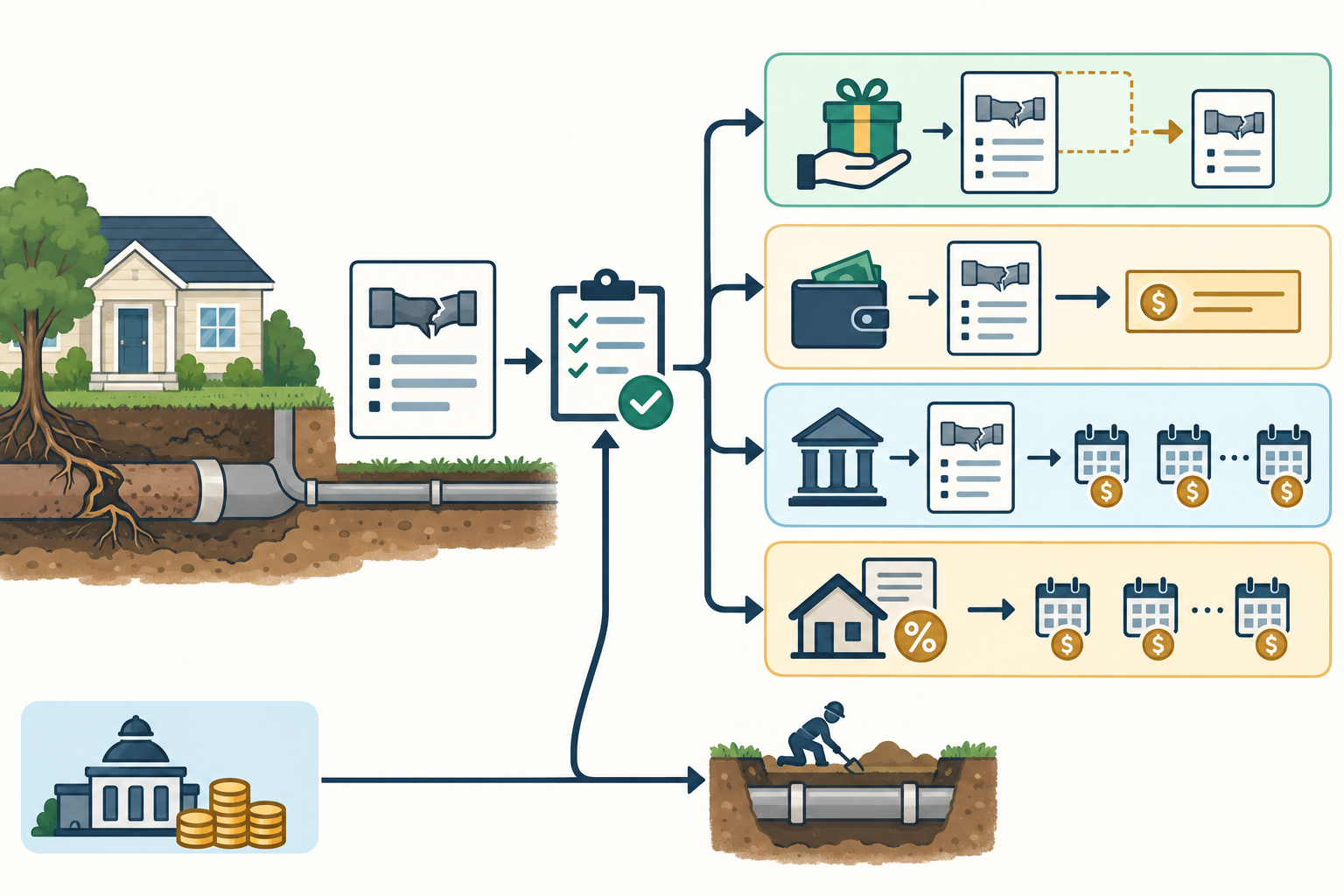 Diagram comparing grant support, reimbursement, utility loans, property-tax assessment, and an existing municipal repair fund.
