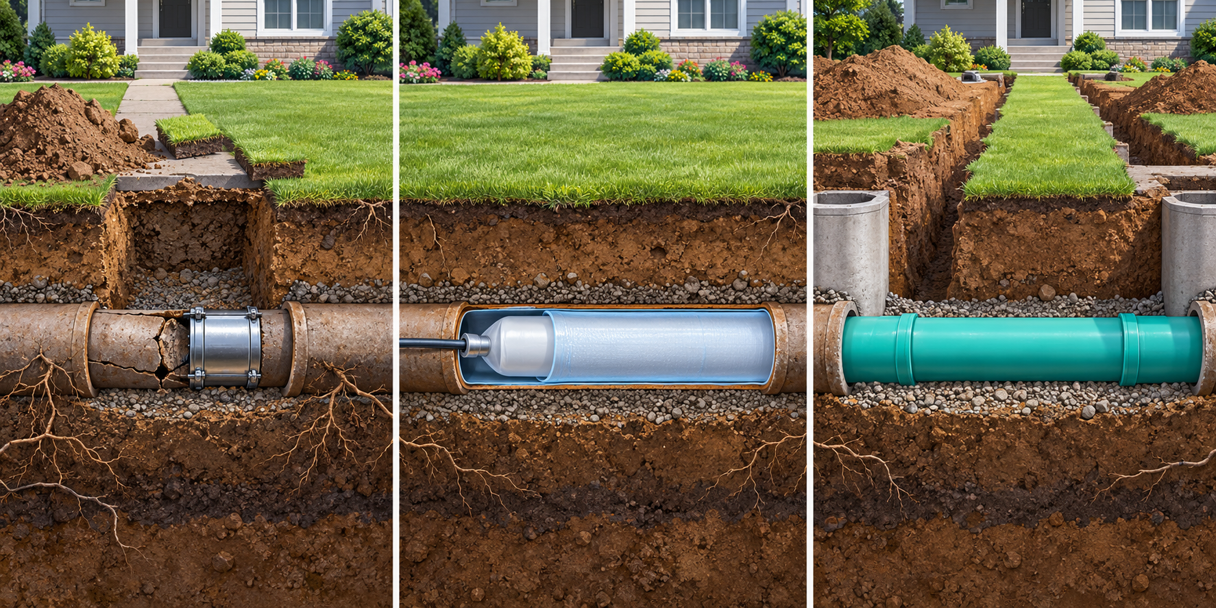 Three sewer repair scopes: a localized spot repair, a cured liner inside a suitable host pipe, and replacement through access pits.