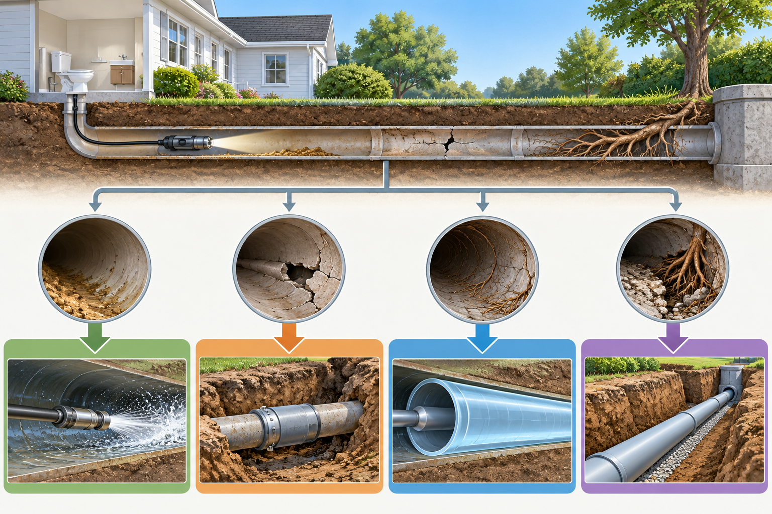 Four possible sewer work paths—maintenance, localized repair, lining, and replacement—shown against different pipe conditions.
