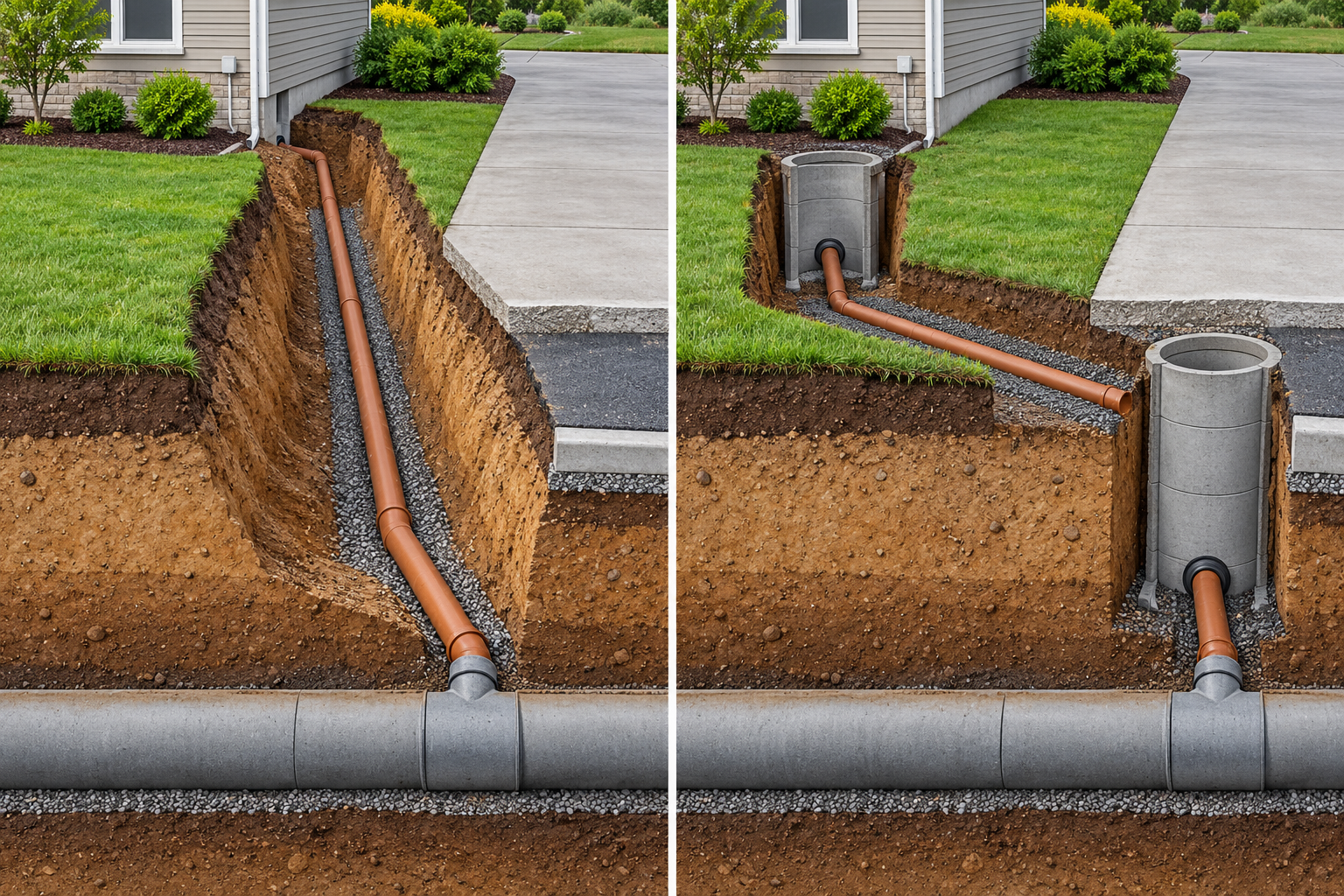 Comparison of a full open trench along a sewer route and a replacement approach using two access pits.