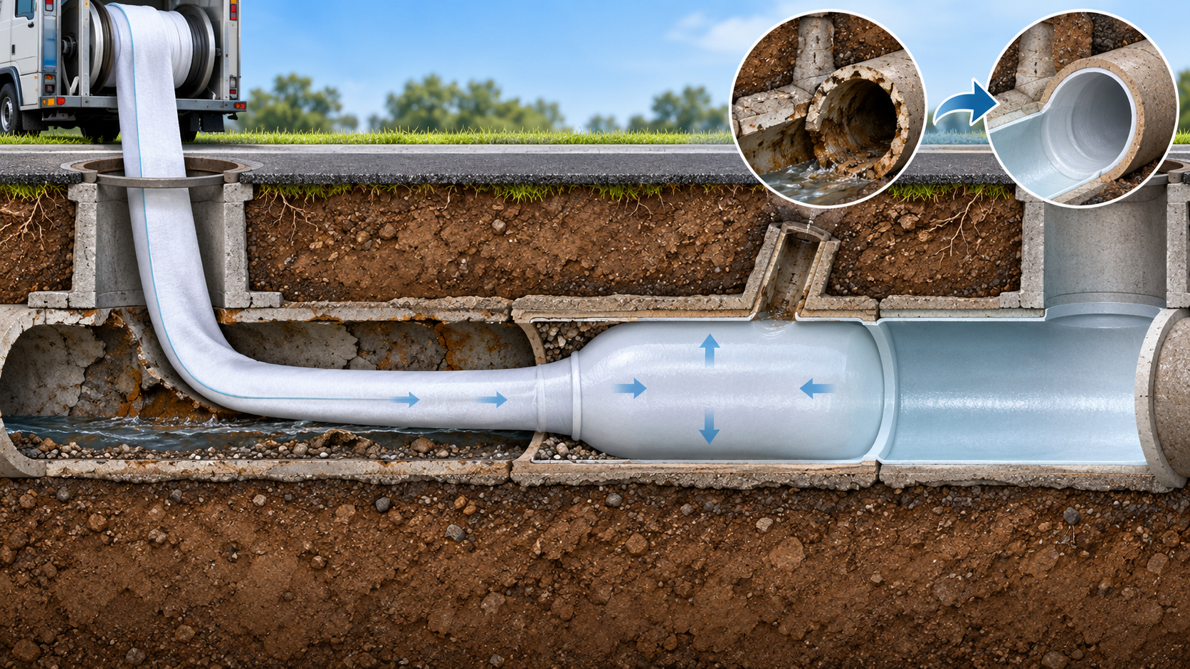 Cutaway of a cured-in-place liner forming a new inner surface inside an existing sewer pipe, with a branch connection shown nearby.