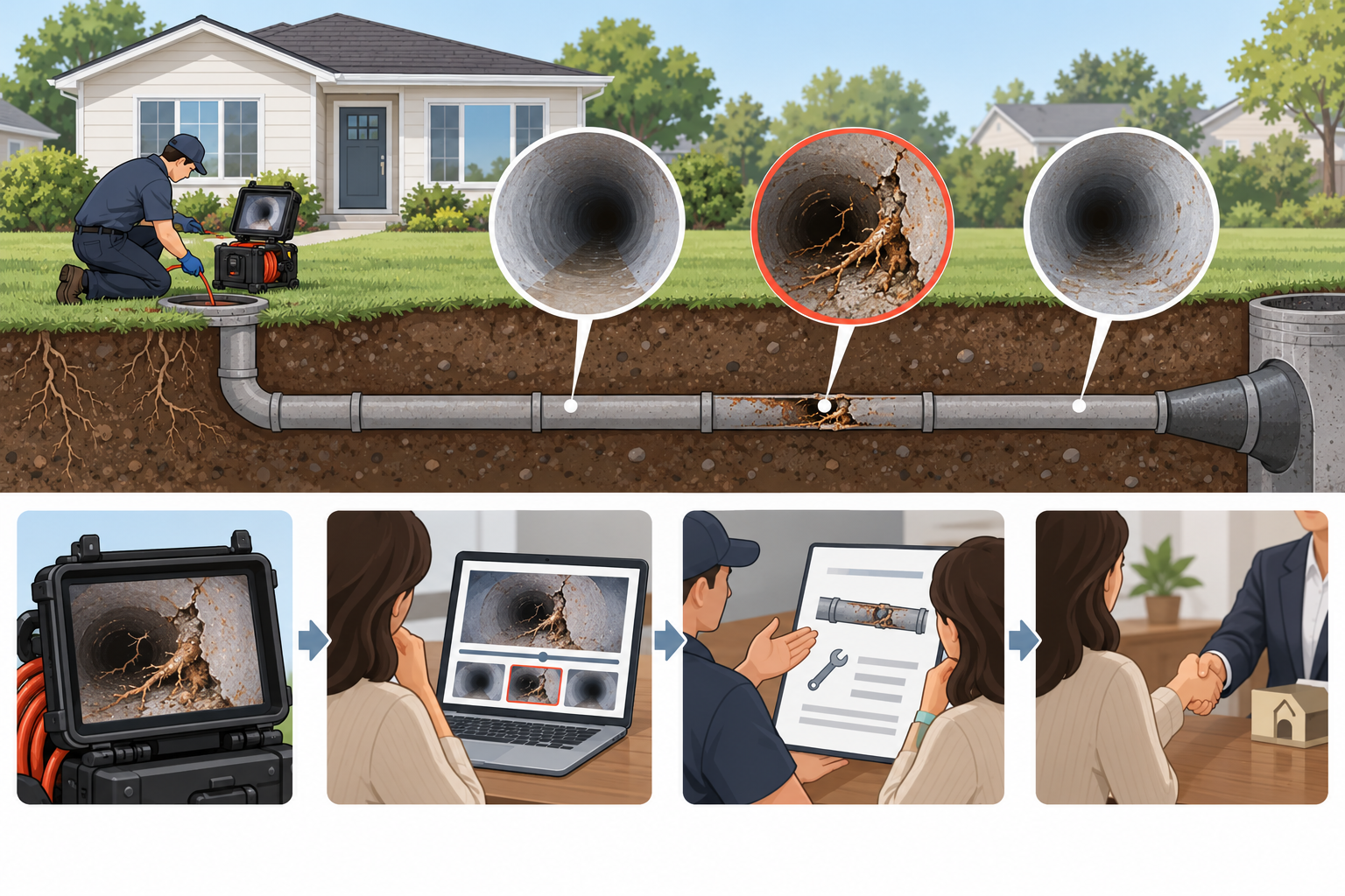 A pre-purchase sewer scope documents a localized pipe finding so buyers can review the report and estimate before making a transaction decision.