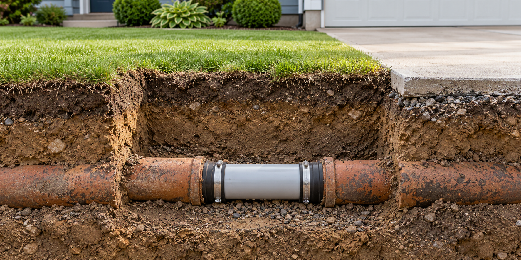 A short new pipe segment installed at one localized defect while the adjacent sewer pipe remains in place.