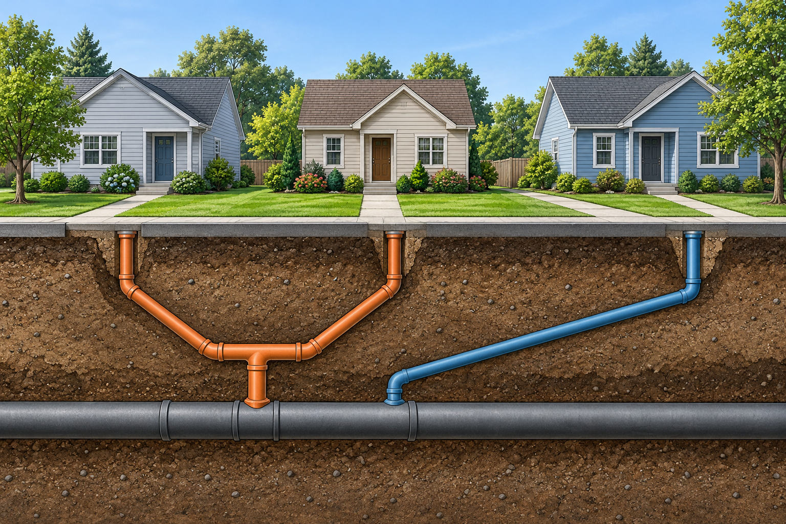 Diagram contrasting a sewer segment shared by two homes with a separate line that crosses another lot without serving it.