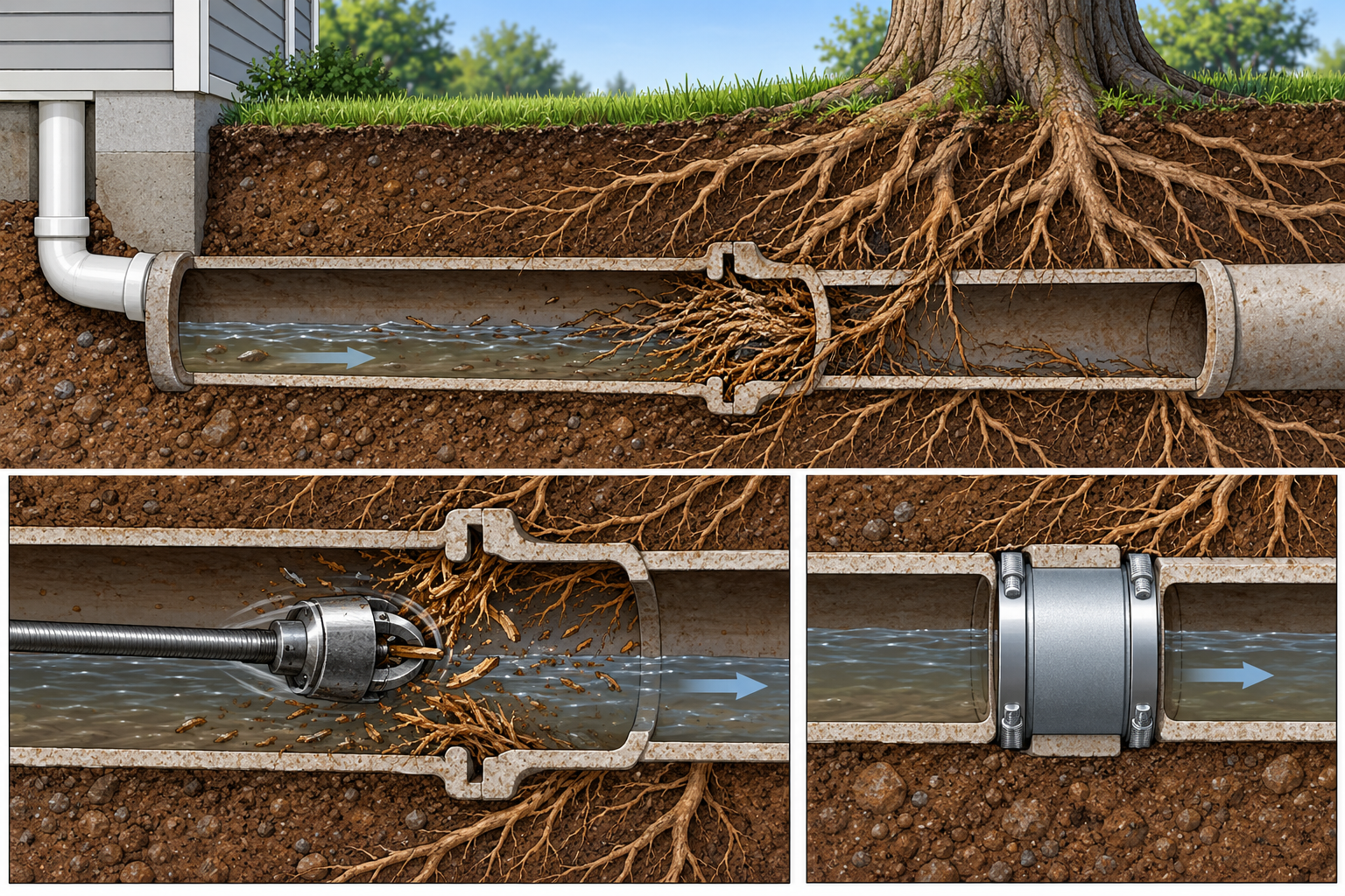 Tree roots entering a sewer pipe through a defective joint, with separate views of root cutting and a localized joint repair.