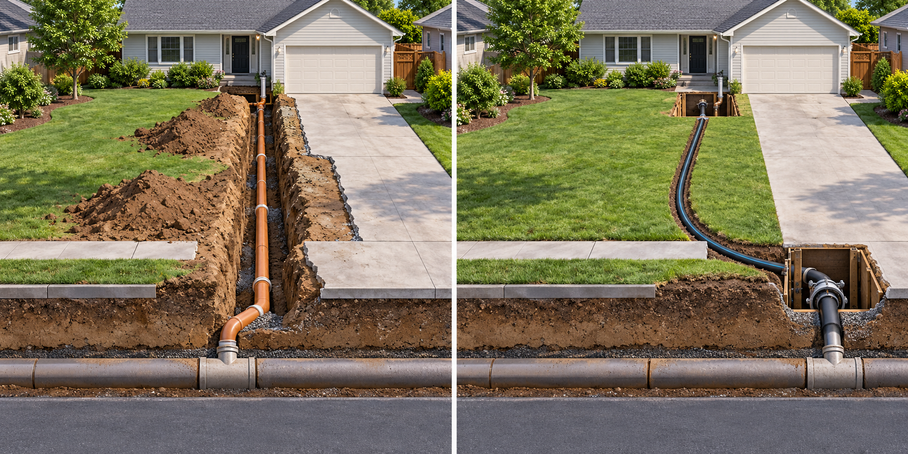 Side-by-side comparison of a sewer route opened along its length and a trenchless approach using access points with less surface disturbance.