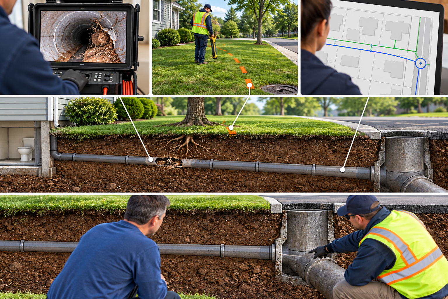 Camera findings, a surface locate, and municipal records helping establish which sewer segment is under review.
