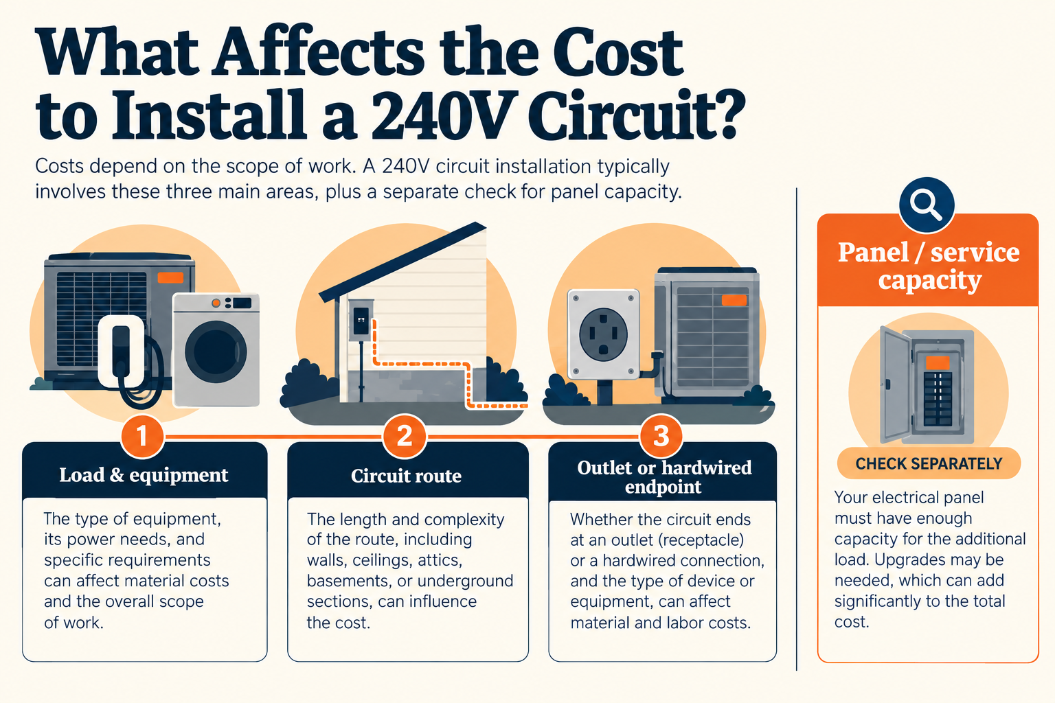 A 240V project depends on the load, circuit route, and endpoint, with panel or service capacity checked separately.