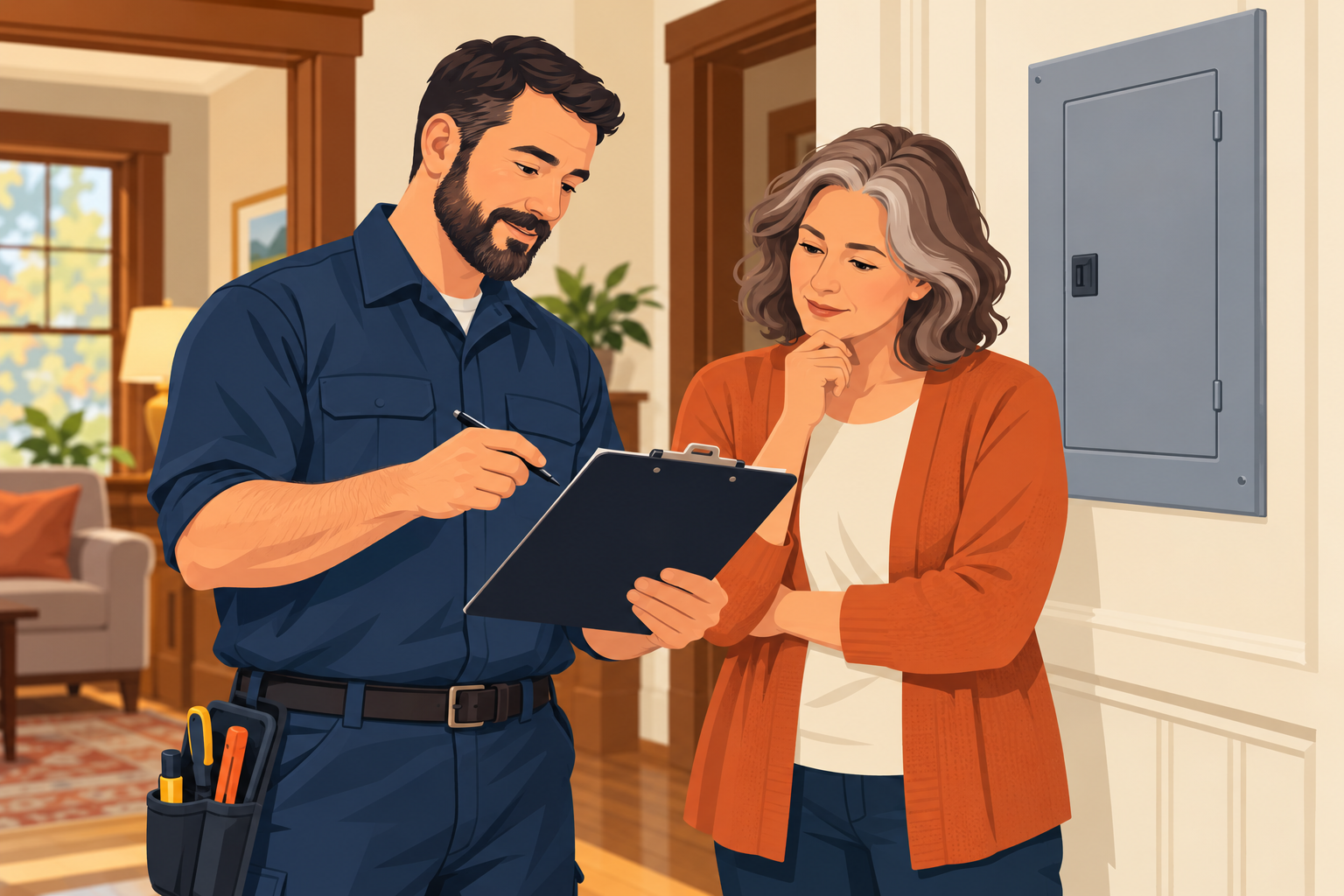 A homeowner and electrician review an aluminum-wiring assessment beside a closed panel.