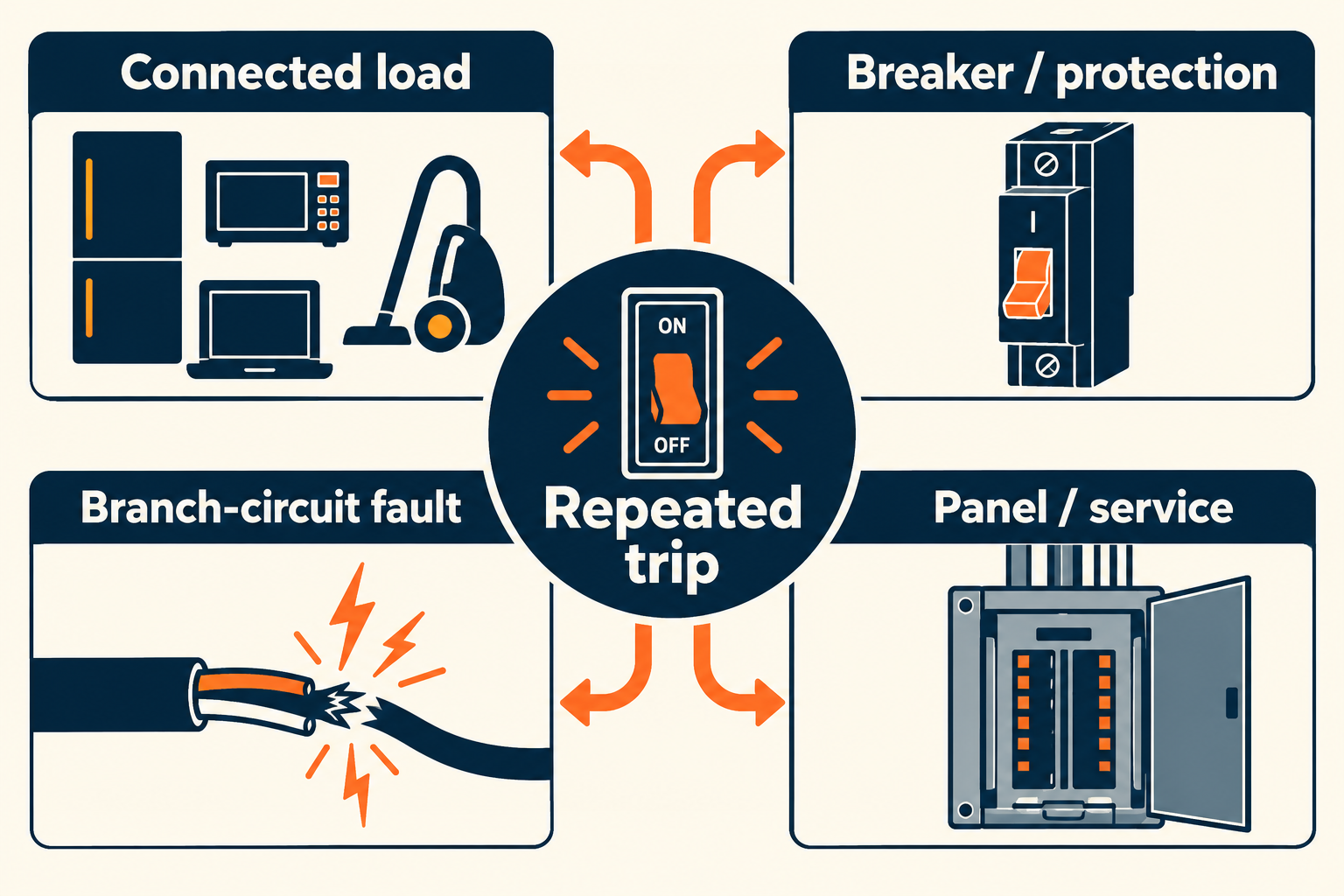 A repeated breaker trip can lead to several different diagnostic paths: connected load, protective device, branch circuit, or panel and service.