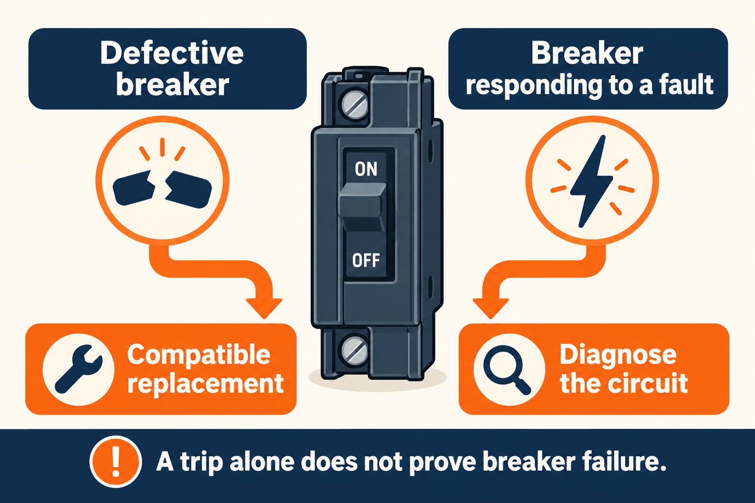 A diagnosed defective breaker may need a compatible replacement, while a breaker responding to another fault calls for circuit diagnosis.