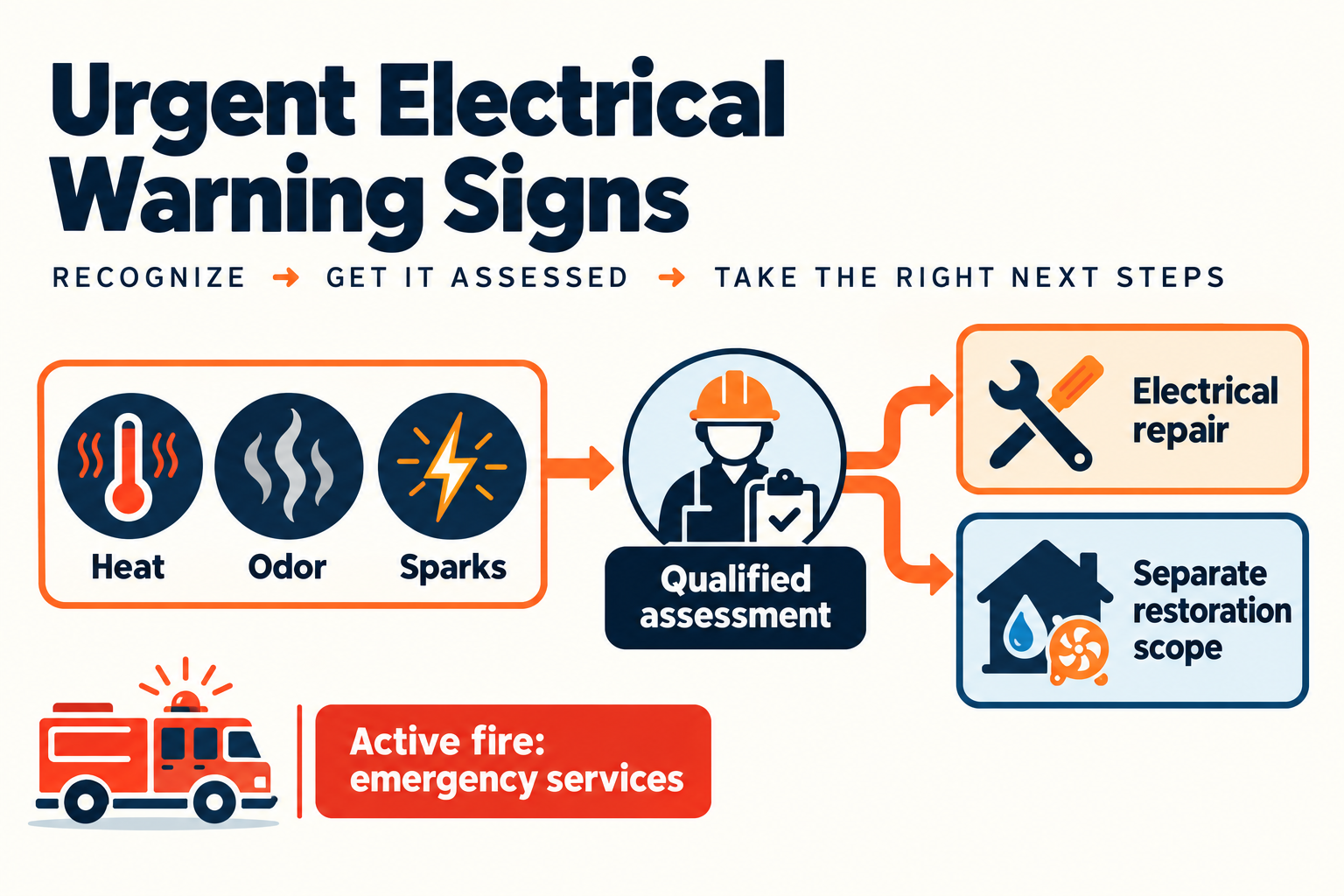 Urgent symptoms call for qualified assessment; electrical repair and any separate fire or water restoration scope are distinct.