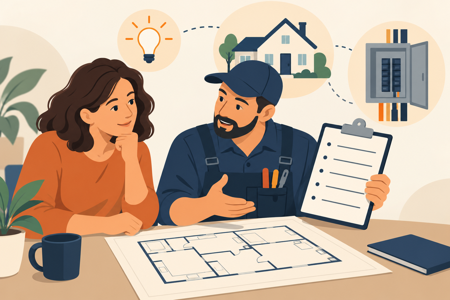 A homeowner and electrician discuss an electrical assessment using a house plan and blank report form.