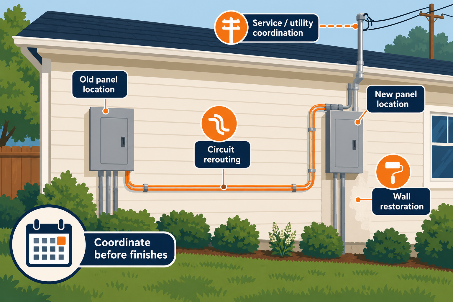 Relocating a panel can involve rerouting circuits, service coordination, and wall restoration, so schedule it before finishes are fixed.