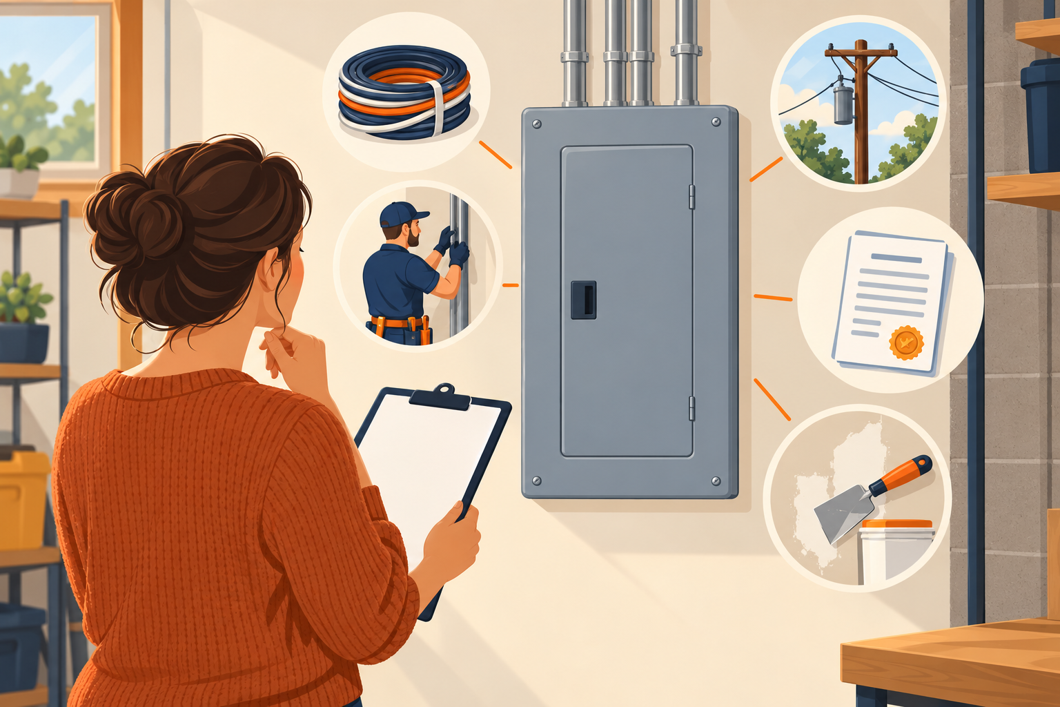 A closed electrical panel and blank estimate are shown with visual reminders of labor, wiring, utility coordination, permits, and wall restoration.