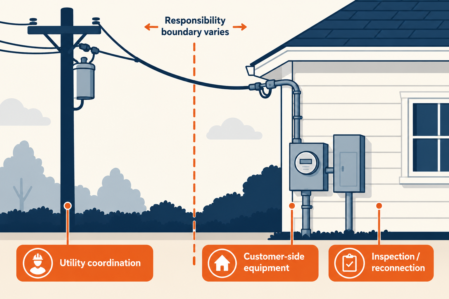 Service entrance repair may require utility coordination, customer-side equipment work, and inspection or reconnection; the responsibility boundary varies.