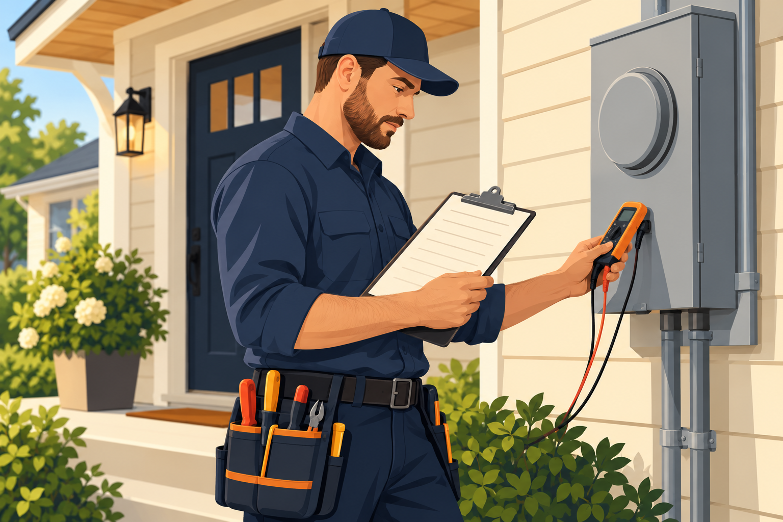 An electrician assesses a home electrical issue and reviews a blank service-call estimate with the homeowner.