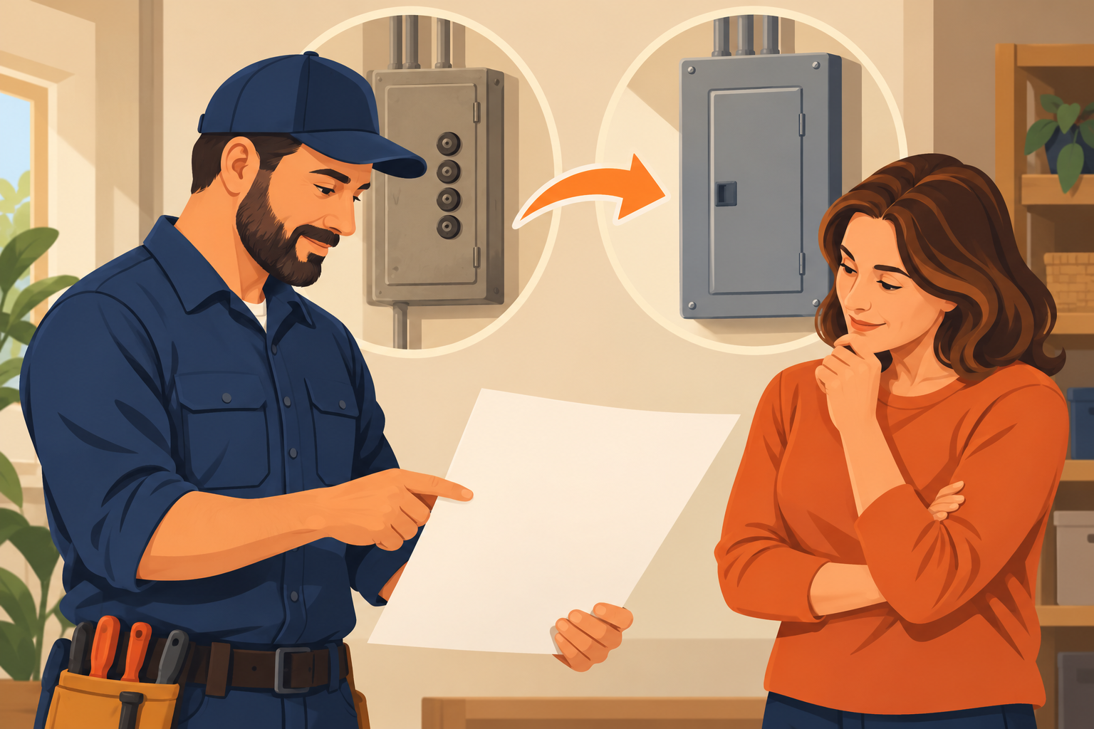 A homeowner and electrician compare a fuse-panel enclosure with a breaker-panel option before defining the conversion scope.