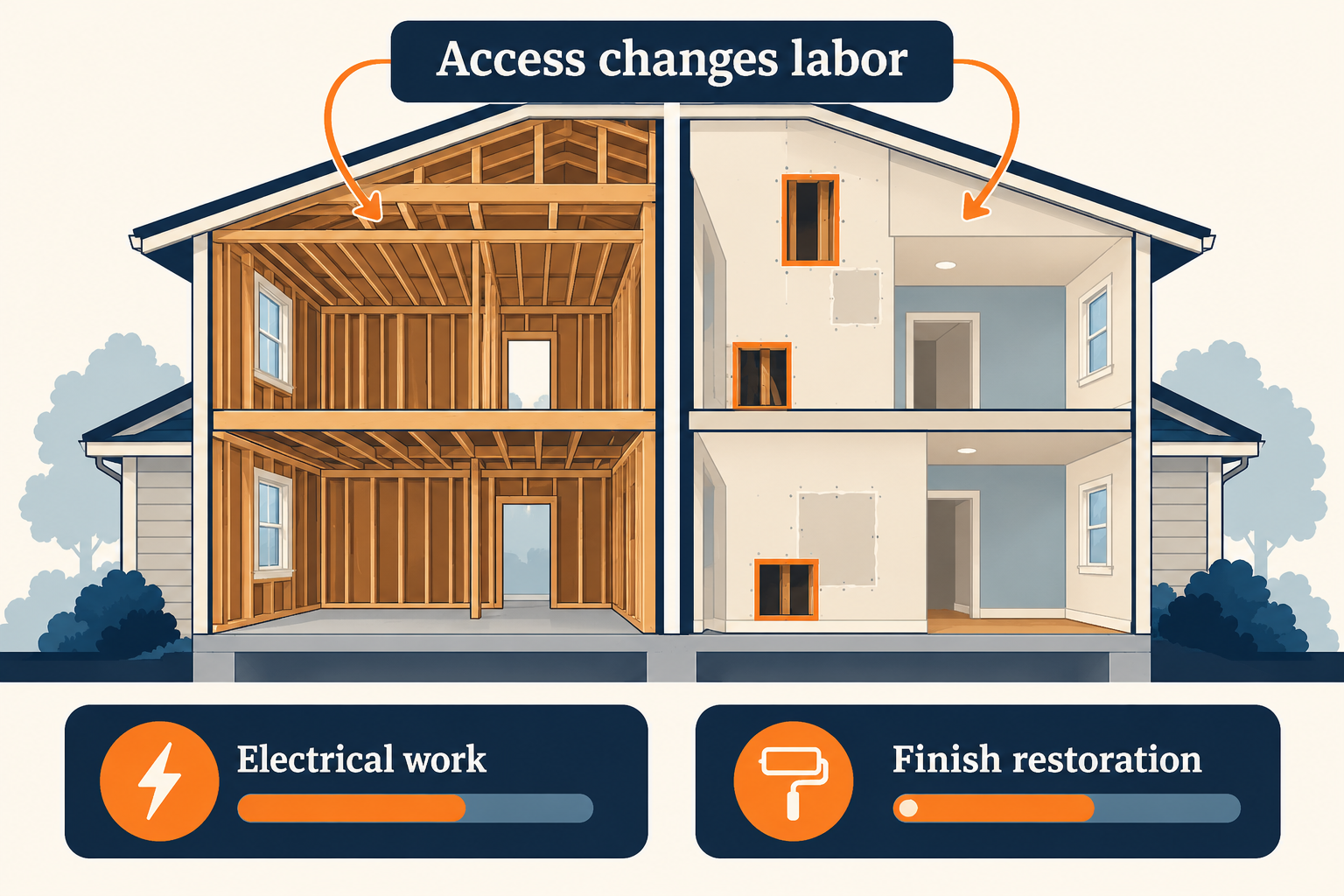 Open framing can simplify wire access, while finished walls add access and restoration work to a whole-house rewire.