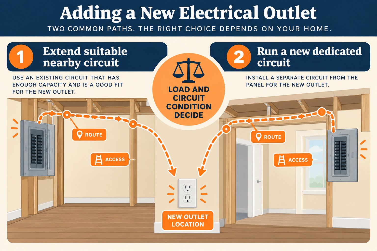 A new outlet may extend a suitable nearby circuit or require a new dedicated circuit, depending on load and circuit condition.