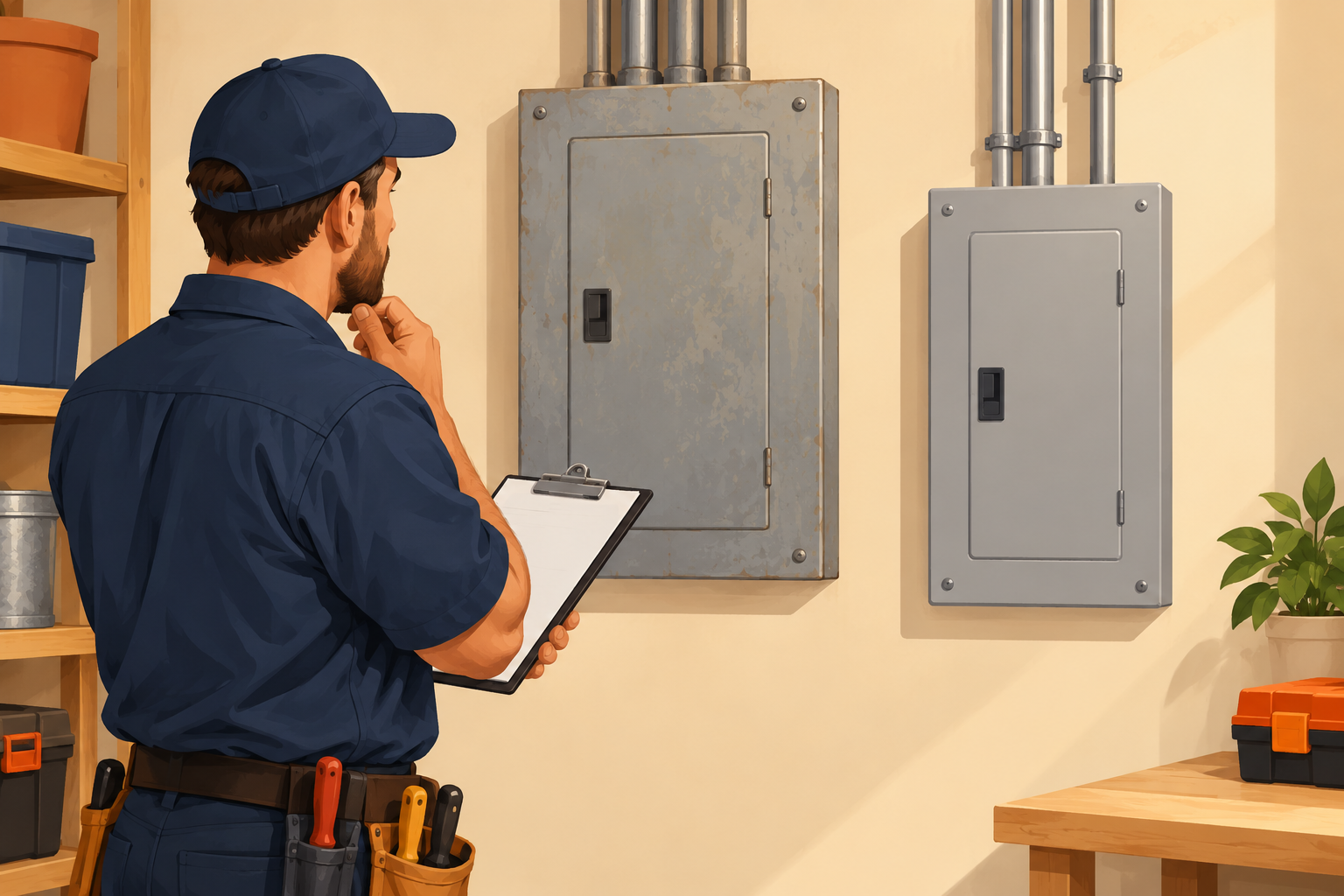 A qualified electrician assesses a closed existing panel before the homeowner compares repair with replacement.