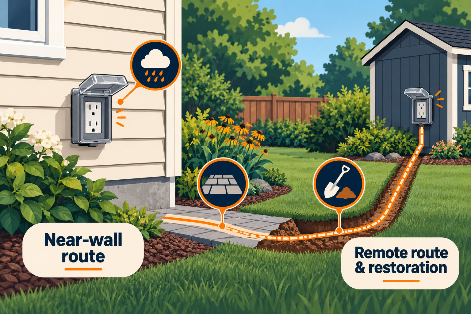 A nearby wall outlet has a different route and restoration scope from a remote outdoor outlet that may require trenching.