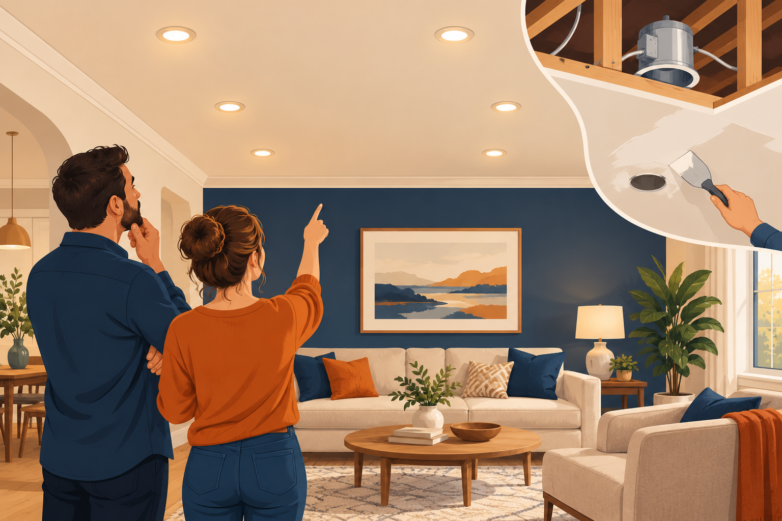 A planned recessed-lighting project considers fixture locations and the ceiling access and restoration involved.