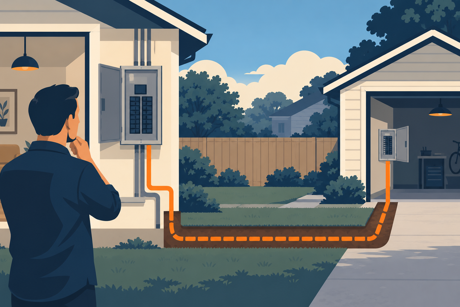 A subpanel in a detached garage is connected to the home panel by a feeder route whose length and access affect project scope.